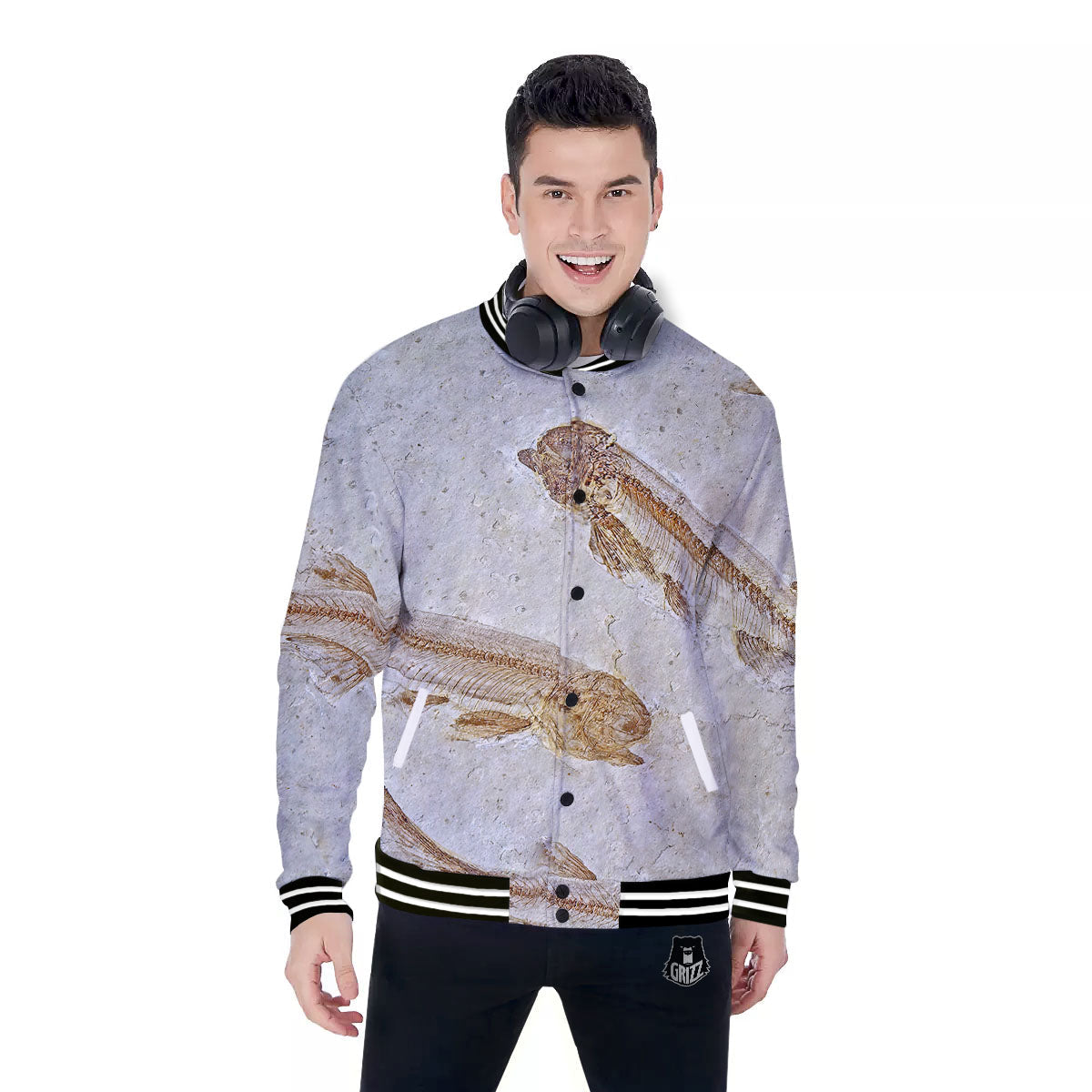 Fish Fossil Lycoptera Print Baseball Jacket-grizzshop