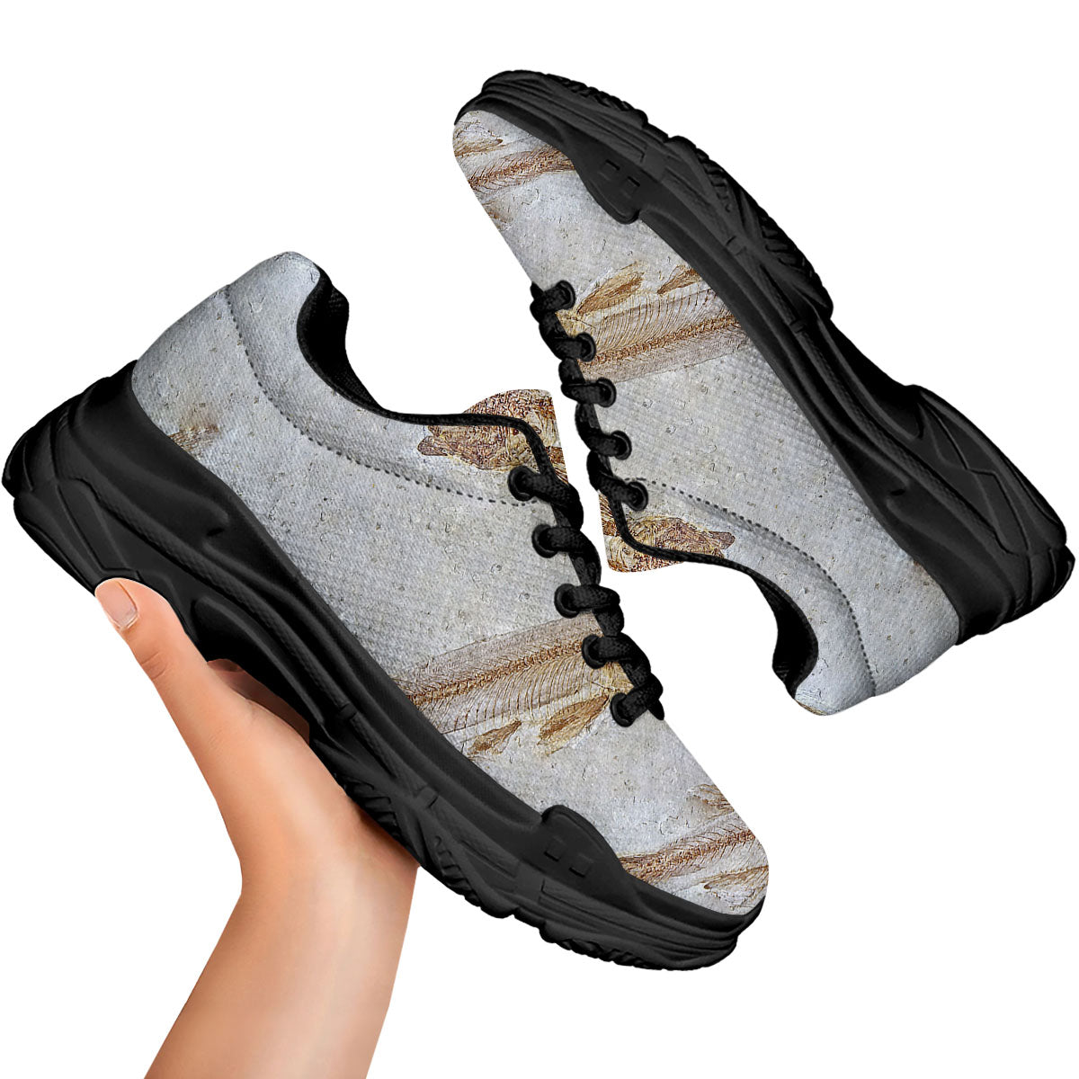 Fish Fossil Lycoptera Print Black Chunky Shoes-grizzshop