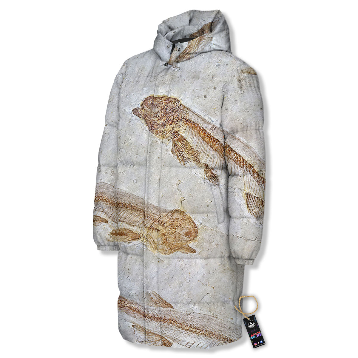 Fish Fossil Lycoptera Print Long Down Jacket-grizzshop