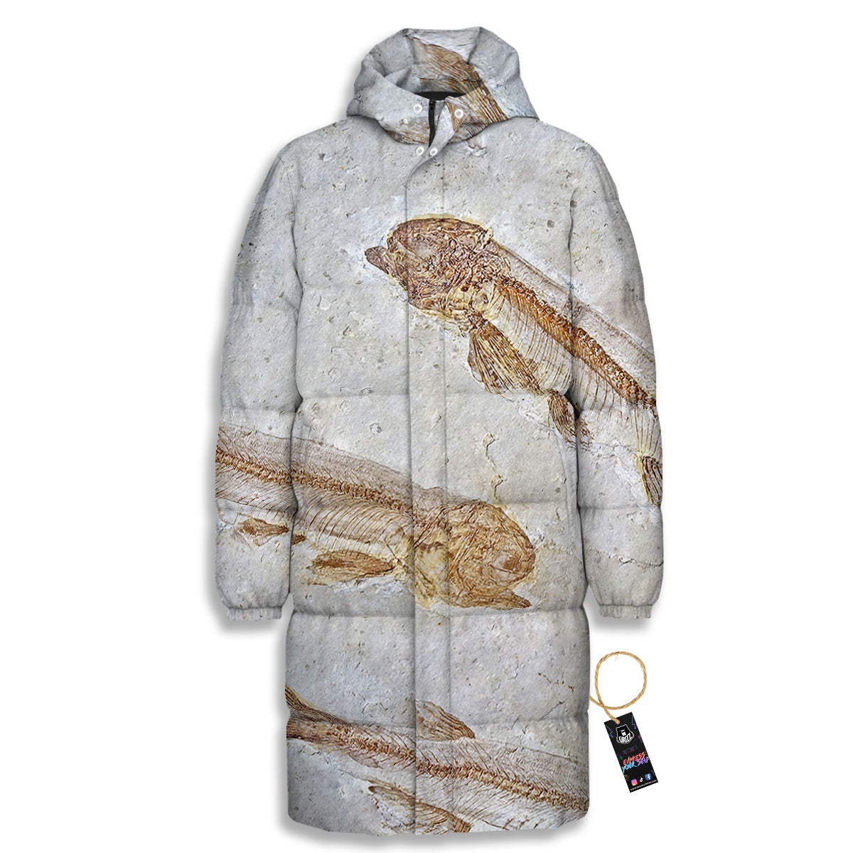 Fish Fossil Lycoptera Print Long Down Jacket-grizzshop