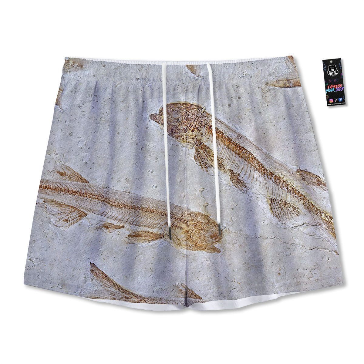Fish Fossil Lycoptera Print Mesh Shorts