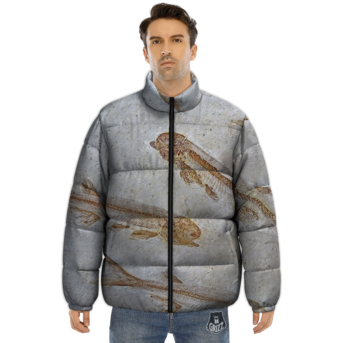 Fish Fossil Lycoptera Print Puffer Jacket-grizzshop