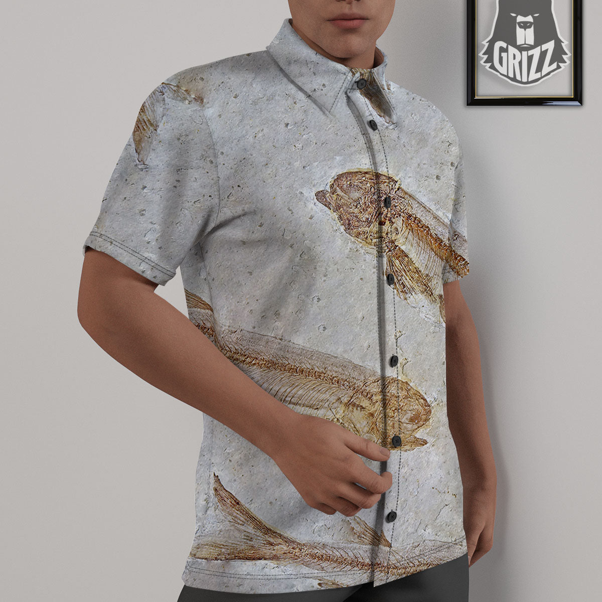 Fish Fossil Lycoptera Print Untucked Shirts-grizzshop