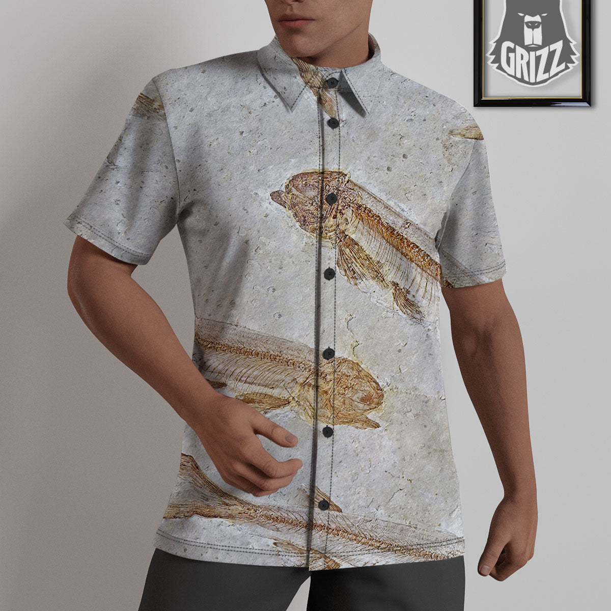 Fish Fossil Lycoptera Print Untucked Shirts-grizzshop