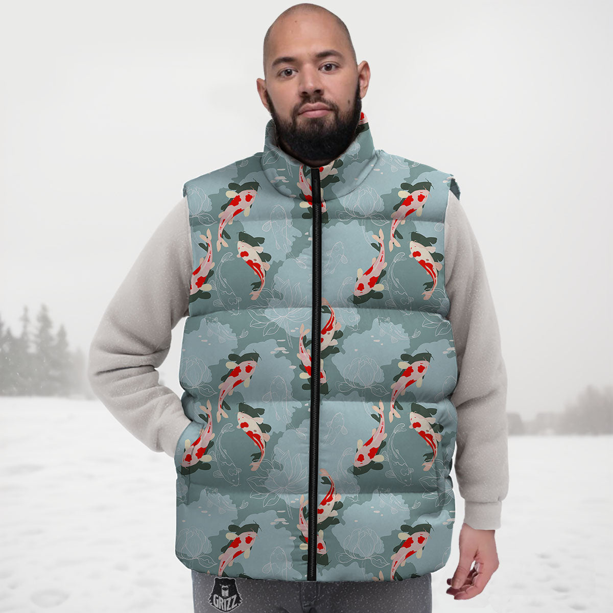 Fish Koi Print Pattern Down Vest-grizzshop