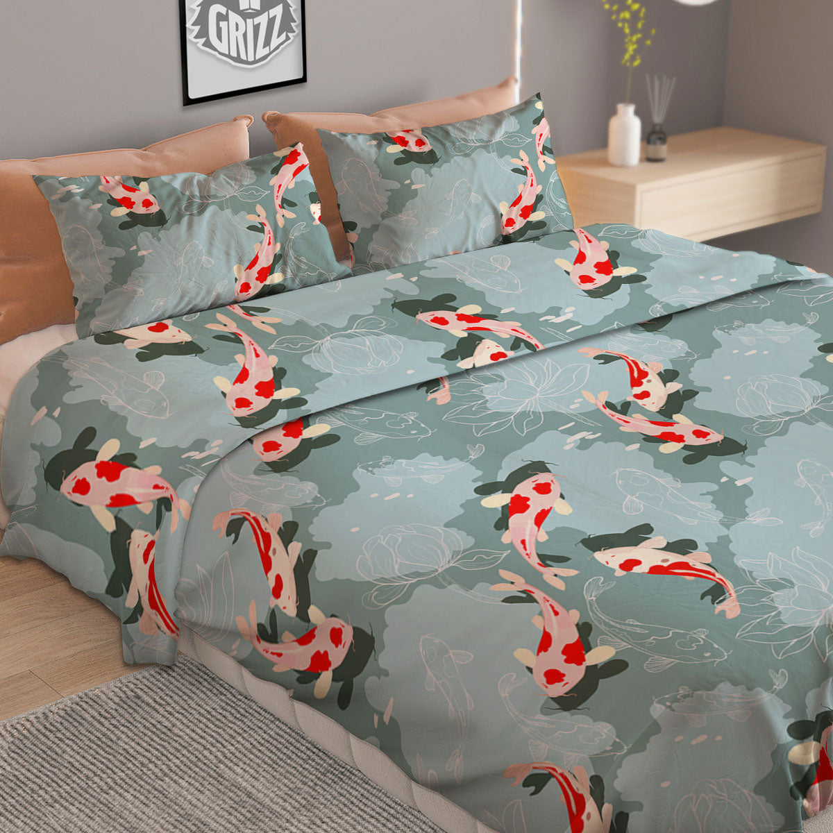 Fish Koi Print Pattern Duvet Cover Bedding Set-grizzshop