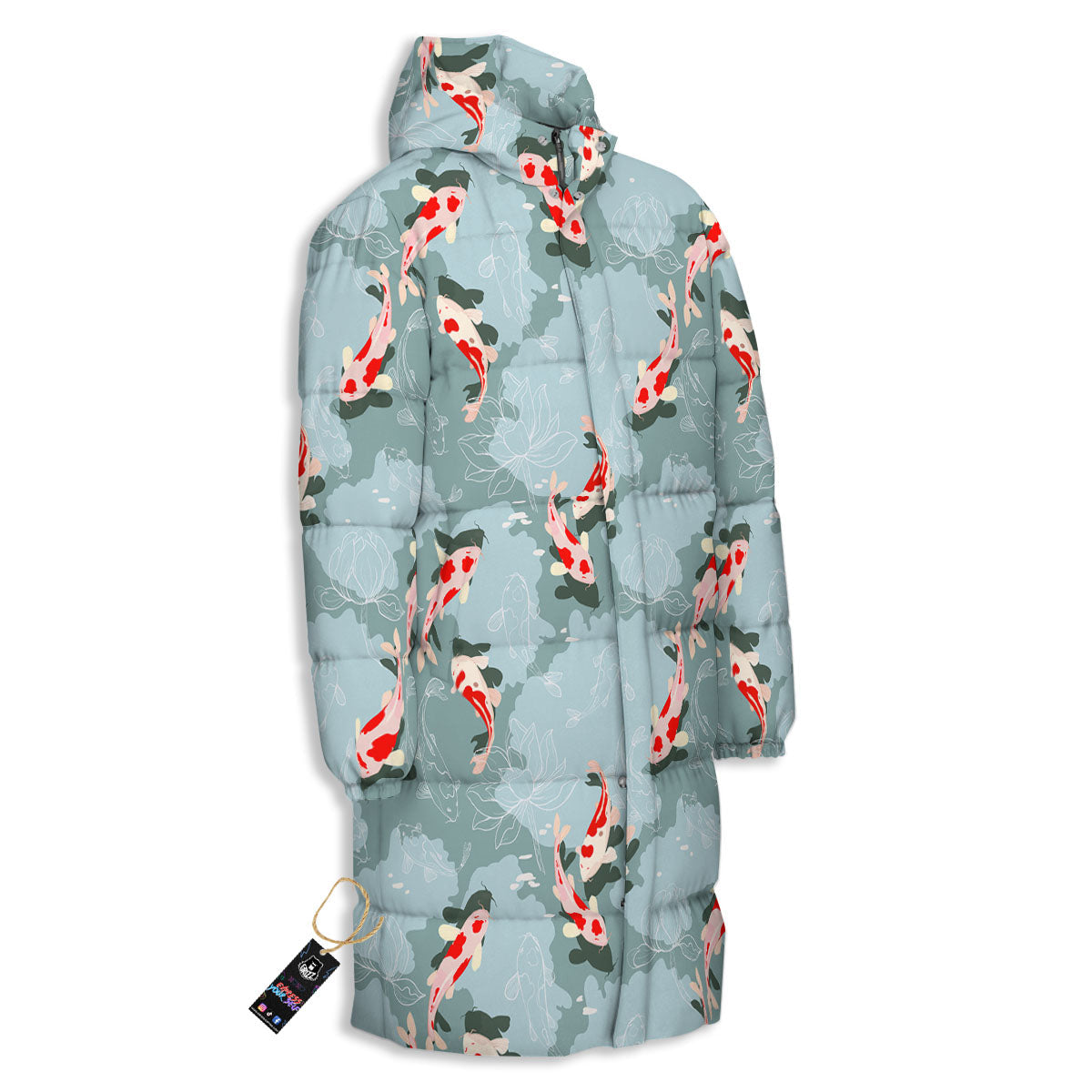 Fish Koi Print Pattern Long Down Jacket-grizzshop