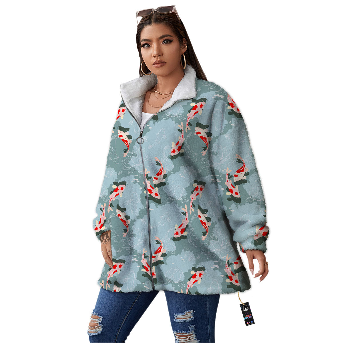 Fish Koi Print Pattern Women's Sherpa Jacket-grizzshop