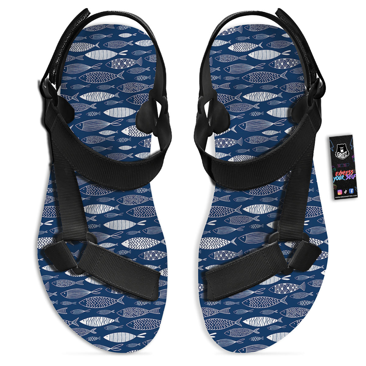 Fish Ornamental Print Pattern Black Open Toe Sandals-grizzshop