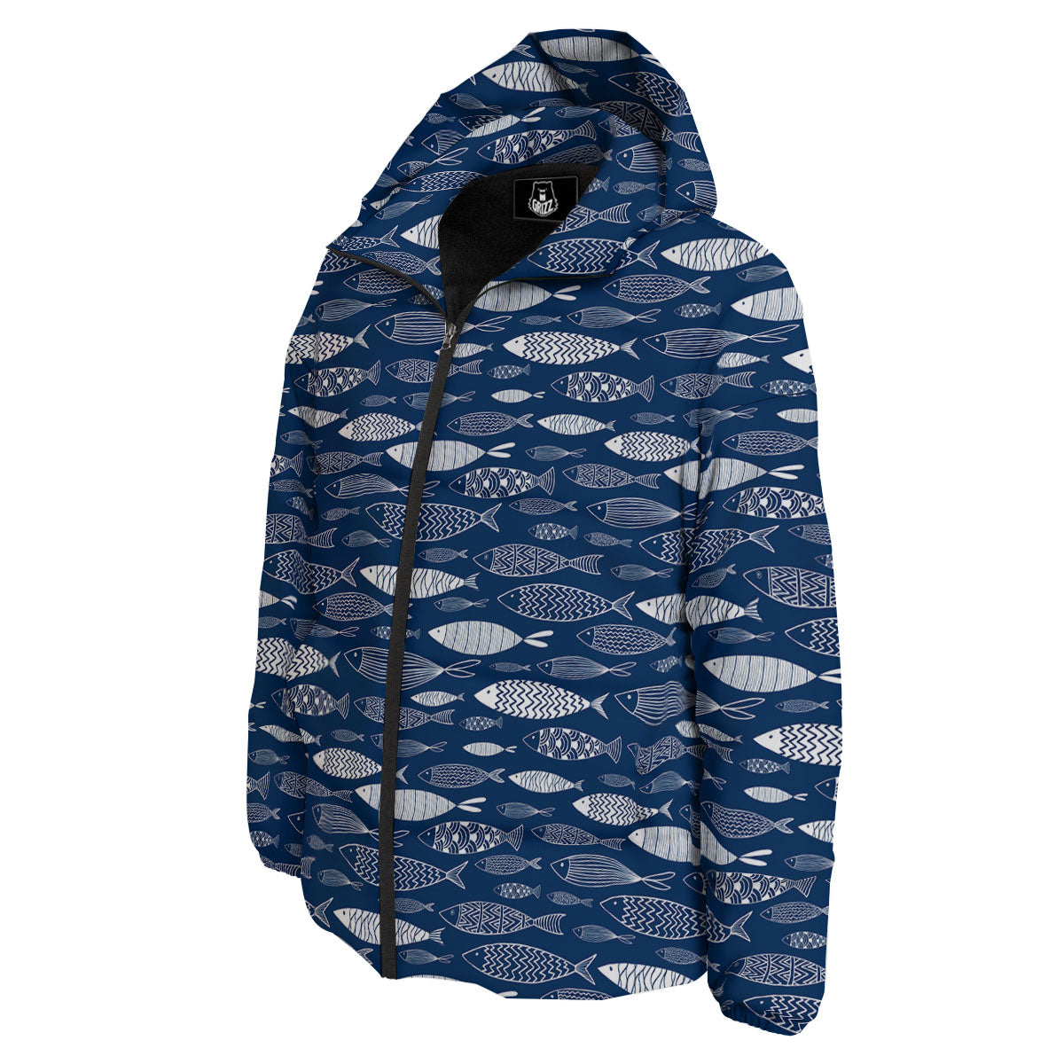 Fish Ornamental Print Pattern Down Jacket-grizzshop