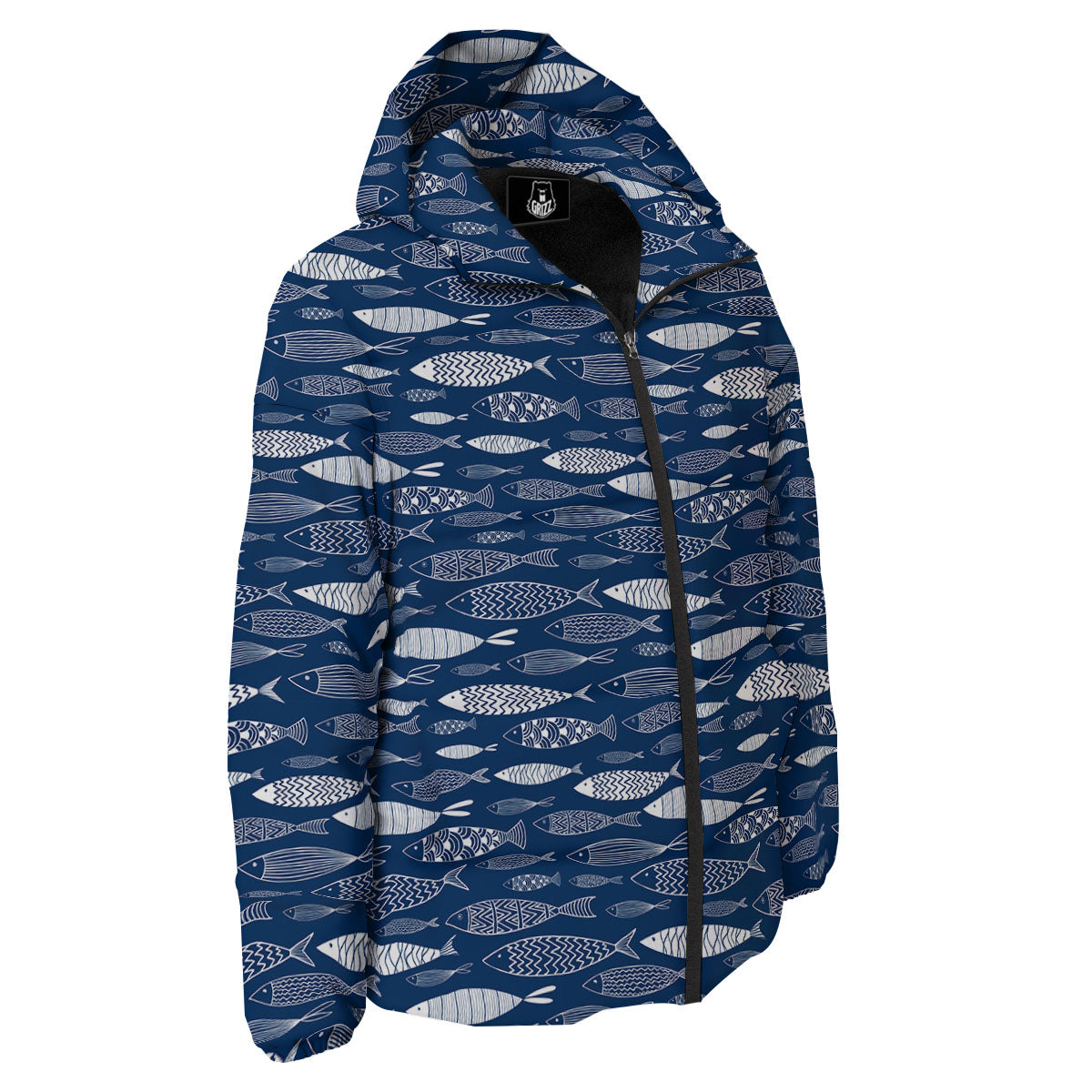 Fish Ornamental Print Pattern Down Jacket-grizzshop