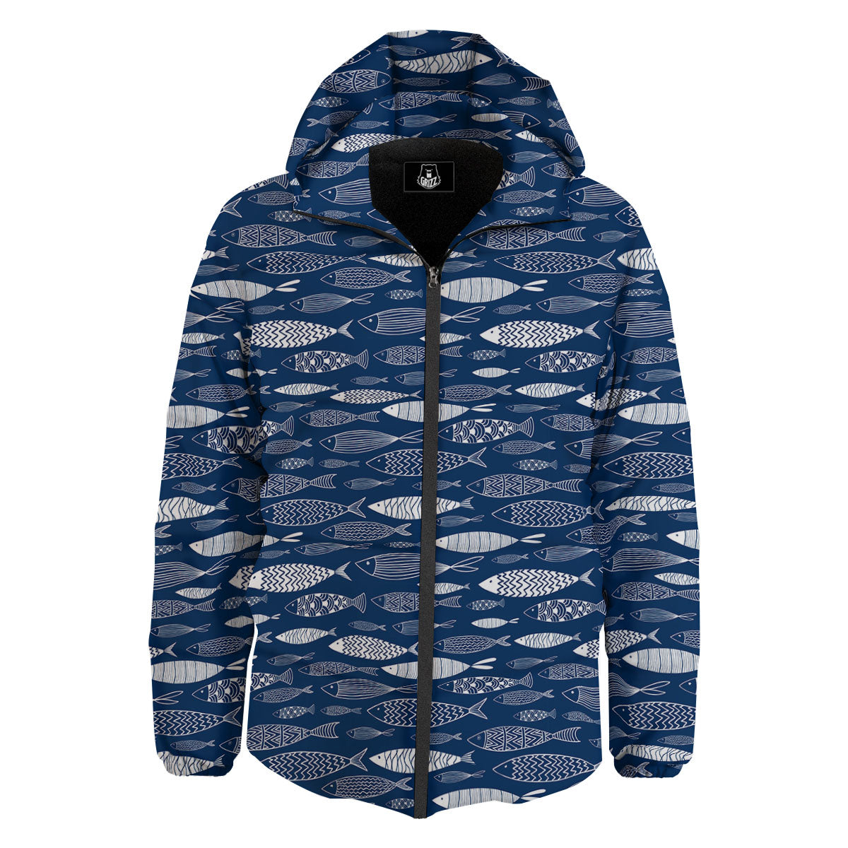 Fish Ornamental Print Pattern Down Jacket-grizzshop