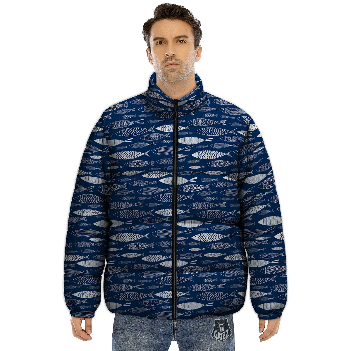 Fish Ornamental Print Pattern Puffer Jacket-grizzshop