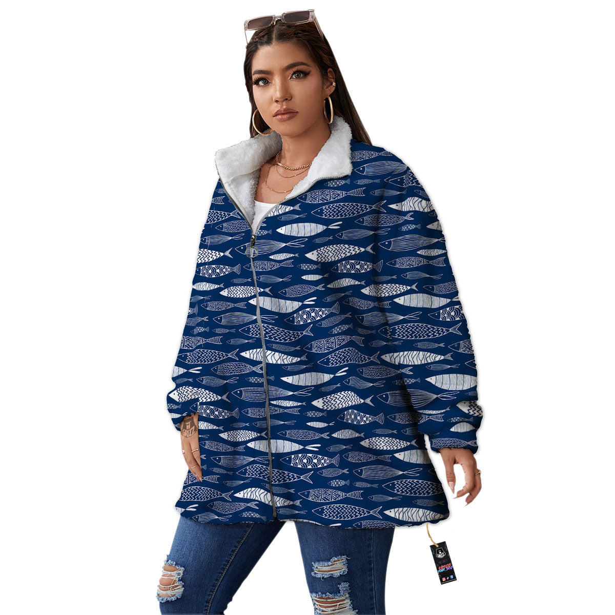 Fish Ornamental Print Pattern Women's Sherpa Jacket-grizzshop