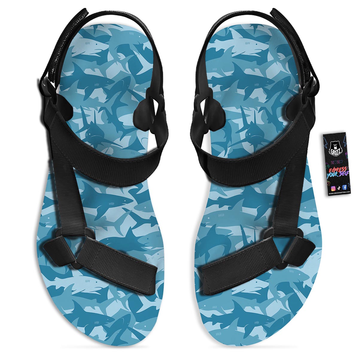 Fish Shark Print Pattern Black Open Toe Sandals-grizzshop