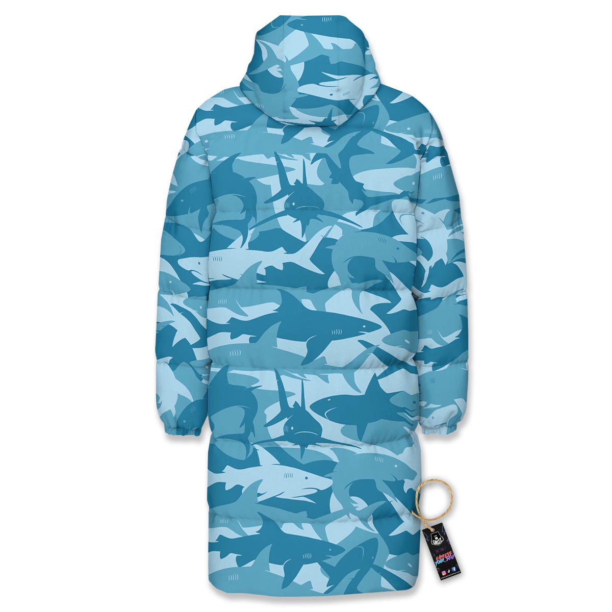 Fish Shark Print Pattern Long Down Jacket-grizzshop