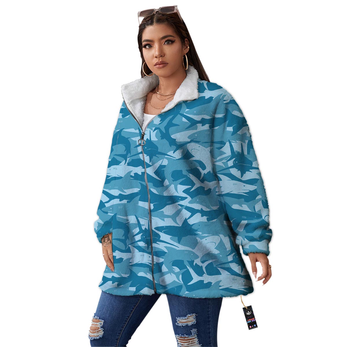 Fish Shark Print Pattern Women's Sherpa Jacket-grizzshop