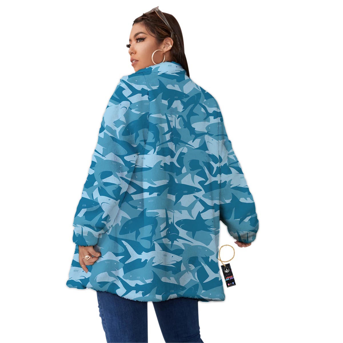 Fish Shark Print Pattern Women's Sherpa Jacket-grizzshop