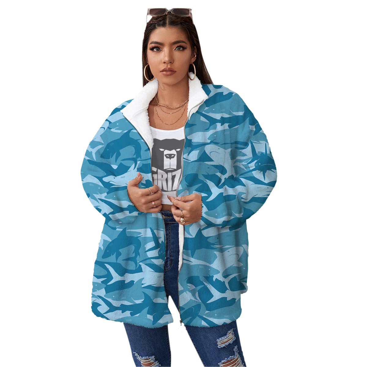 Fish Shark Print Pattern Women's Sherpa Jacket-grizzshop