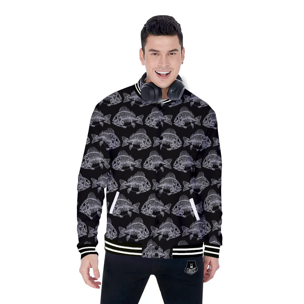 Fish Skeleton Print Pattern Baseball Jacket-grizzshop