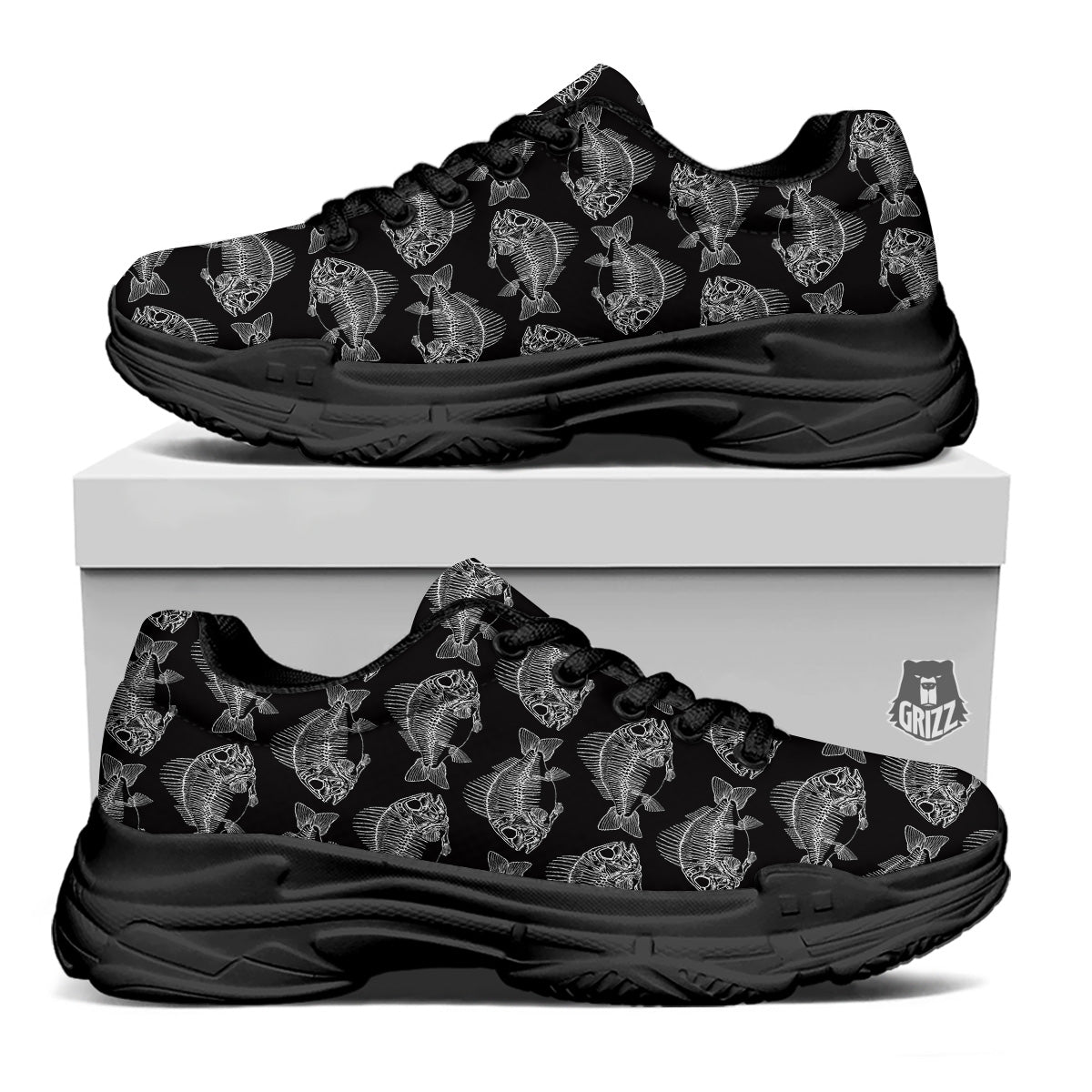 Fish Skeleton Print Pattern Black Chunky Shoes-grizzshop