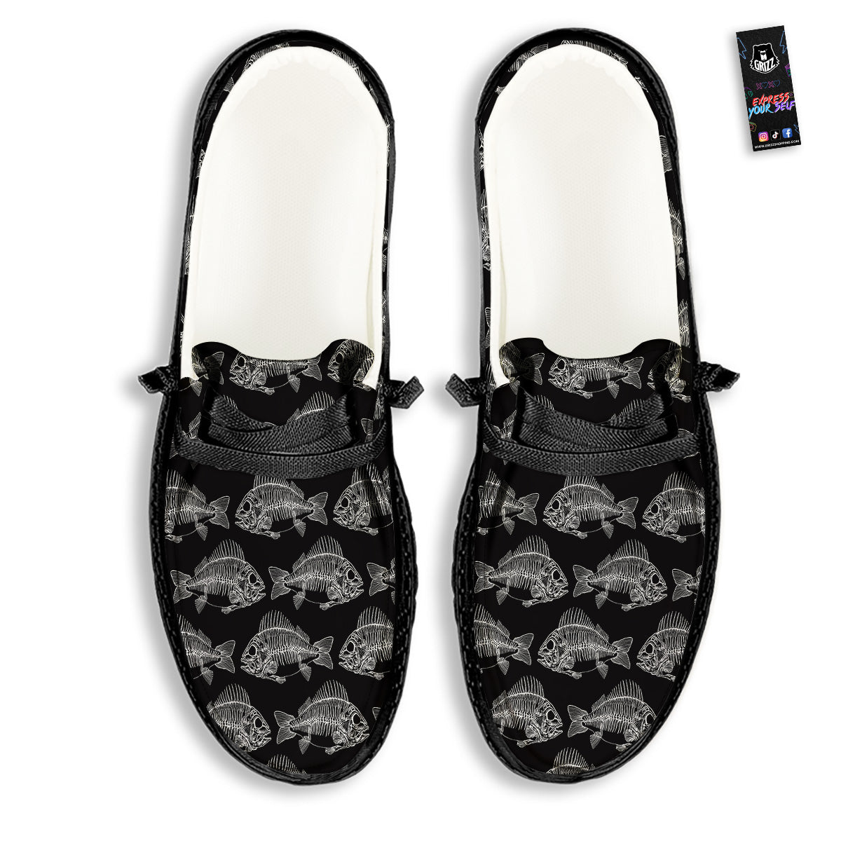 Fish Skeleton Print Pattern Black Loafers-grizzshop