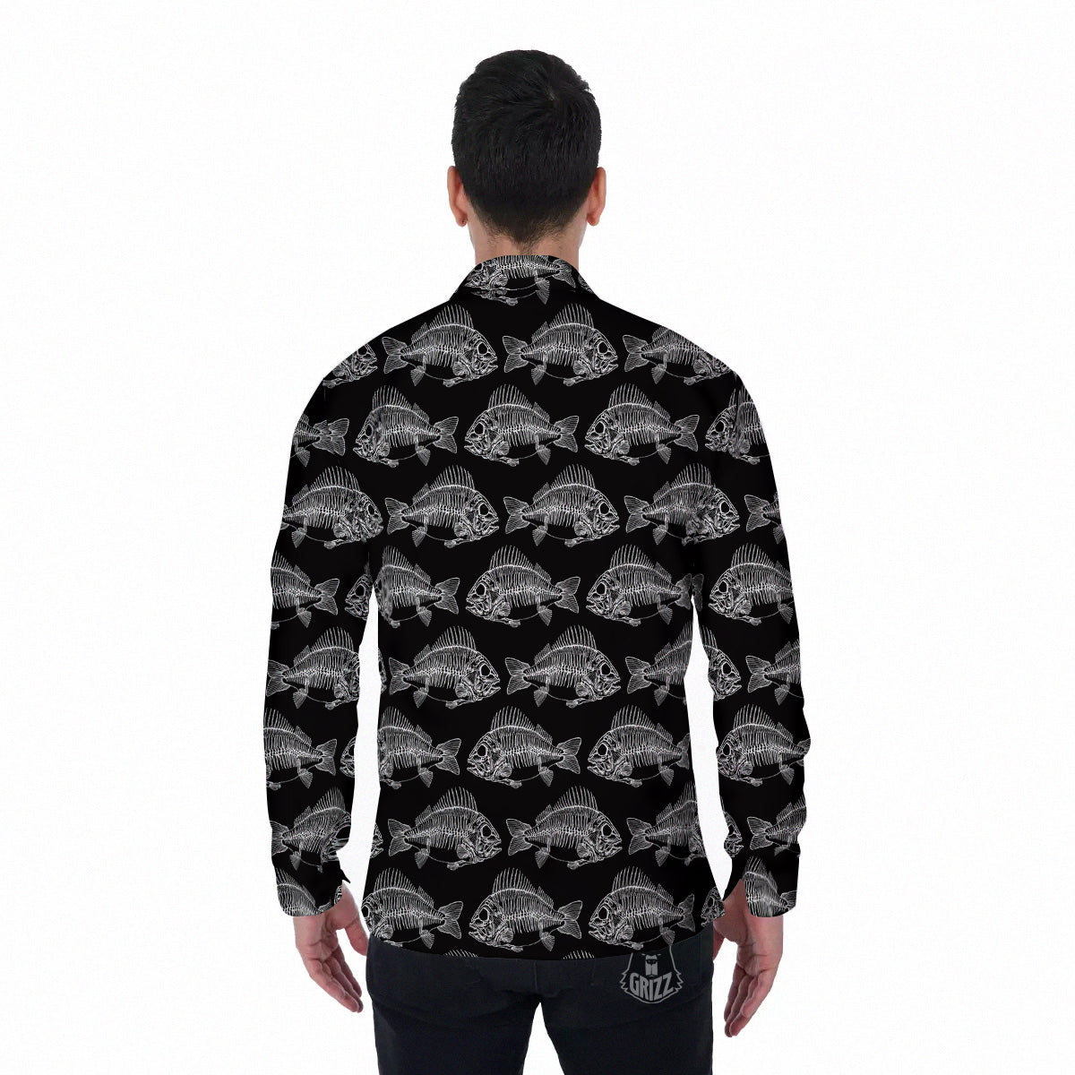 Fish Skeleton Print Pattern Men's Long Sleeve Shirts-grizzshop