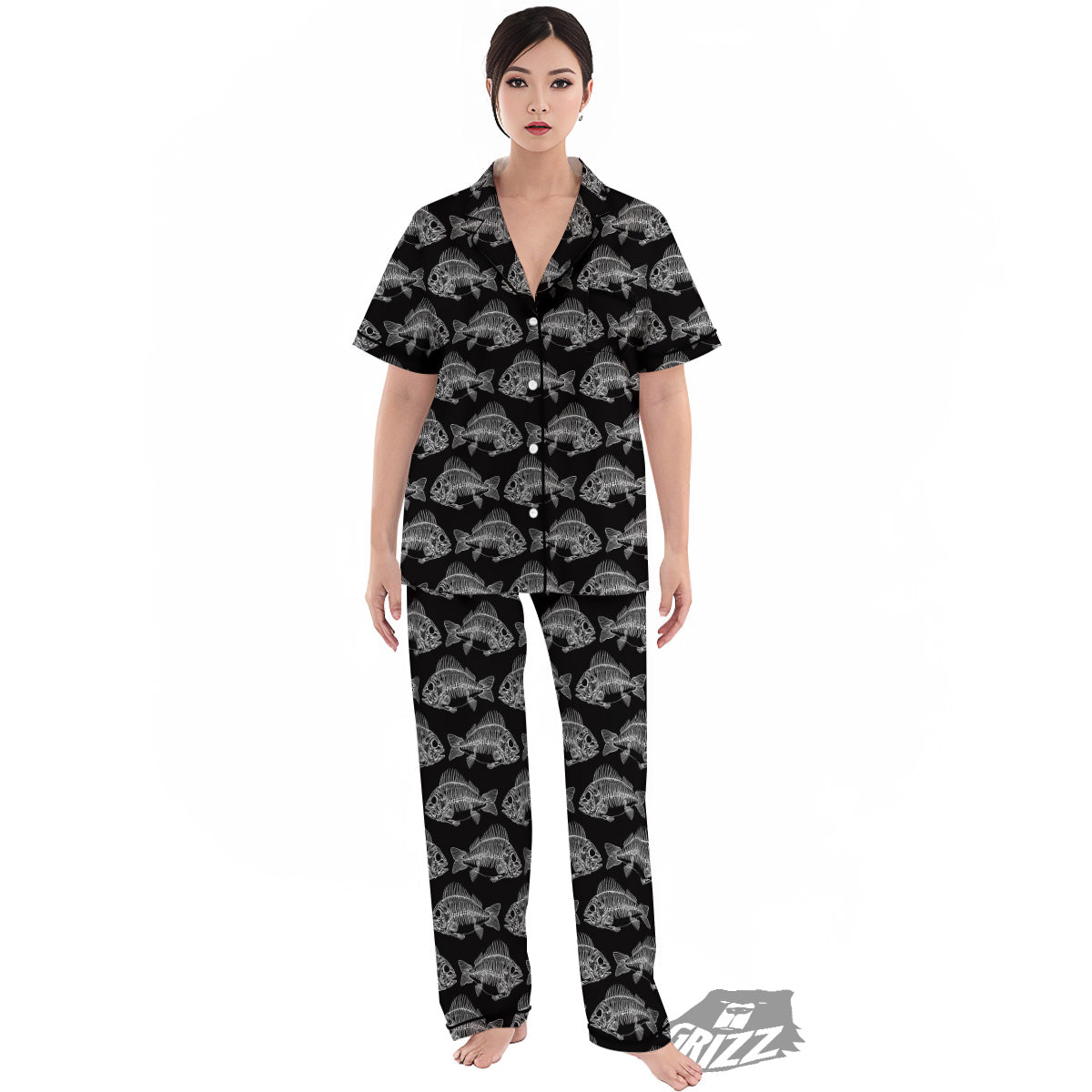 Fish Skeleton Print Pattern Women's Pajamas Set-grizzshop