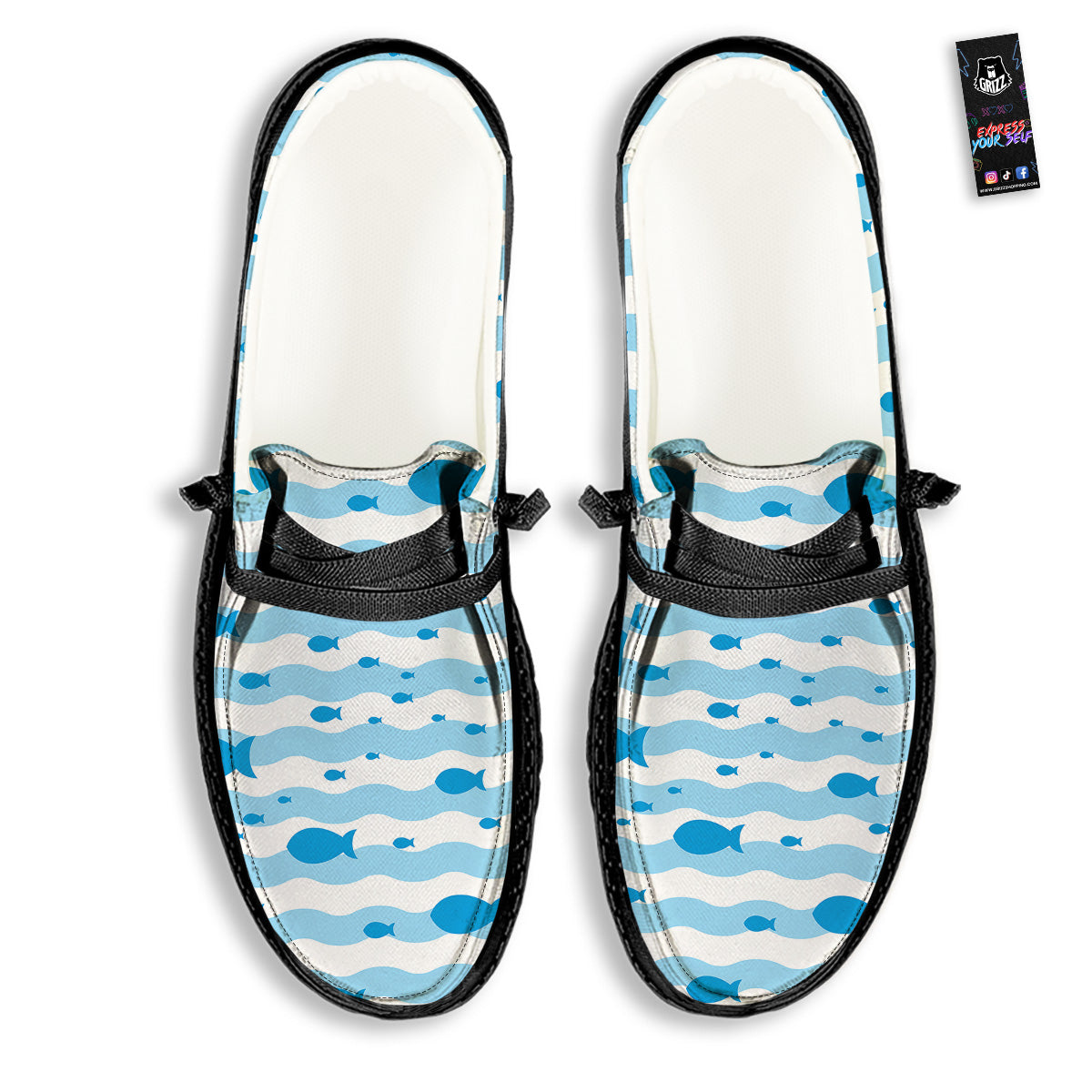 Fish Swimming In Blue Sea Print Pattern Black Loafers-grizzshop