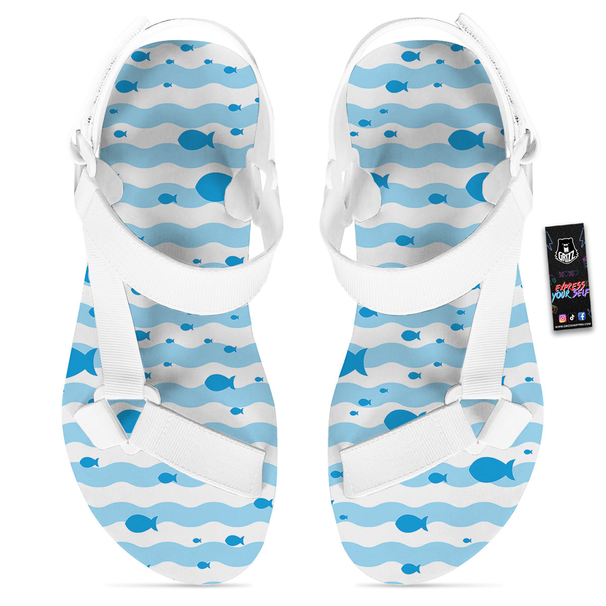 Fish Swimming In Blue Sea Print Pattern White Open Toe Sandals-grizzshop