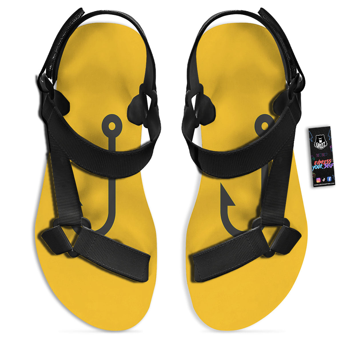 Fishing Hooks Print Black Open Toe Sandals-grizzshop