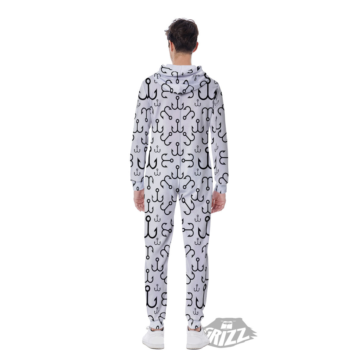 Fishing Hooks White And Black Print Men's Jumpsuit-grizzshop