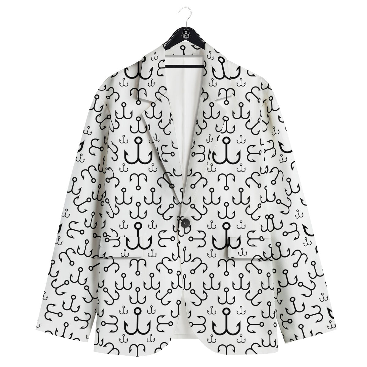Fishing Hooks White And Black Print Men's Sport Coat-grizzshop