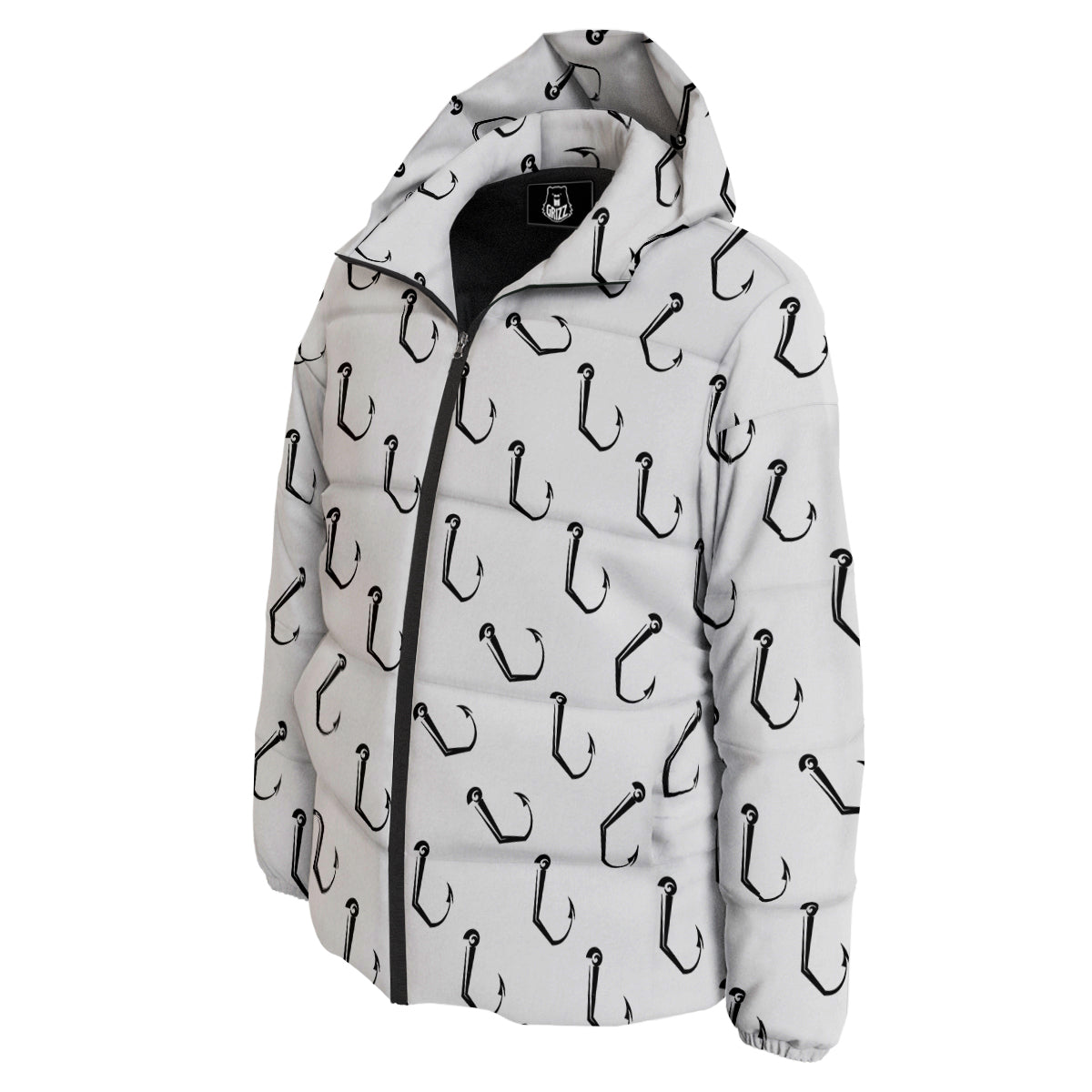 Fishing Hooks White And Black Print Pattern Down Jacket-grizzshop