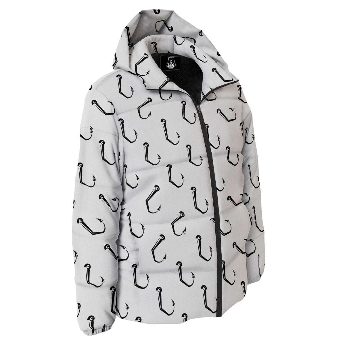 Fishing Hooks White And Black Print Pattern Down Jacket-grizzshop