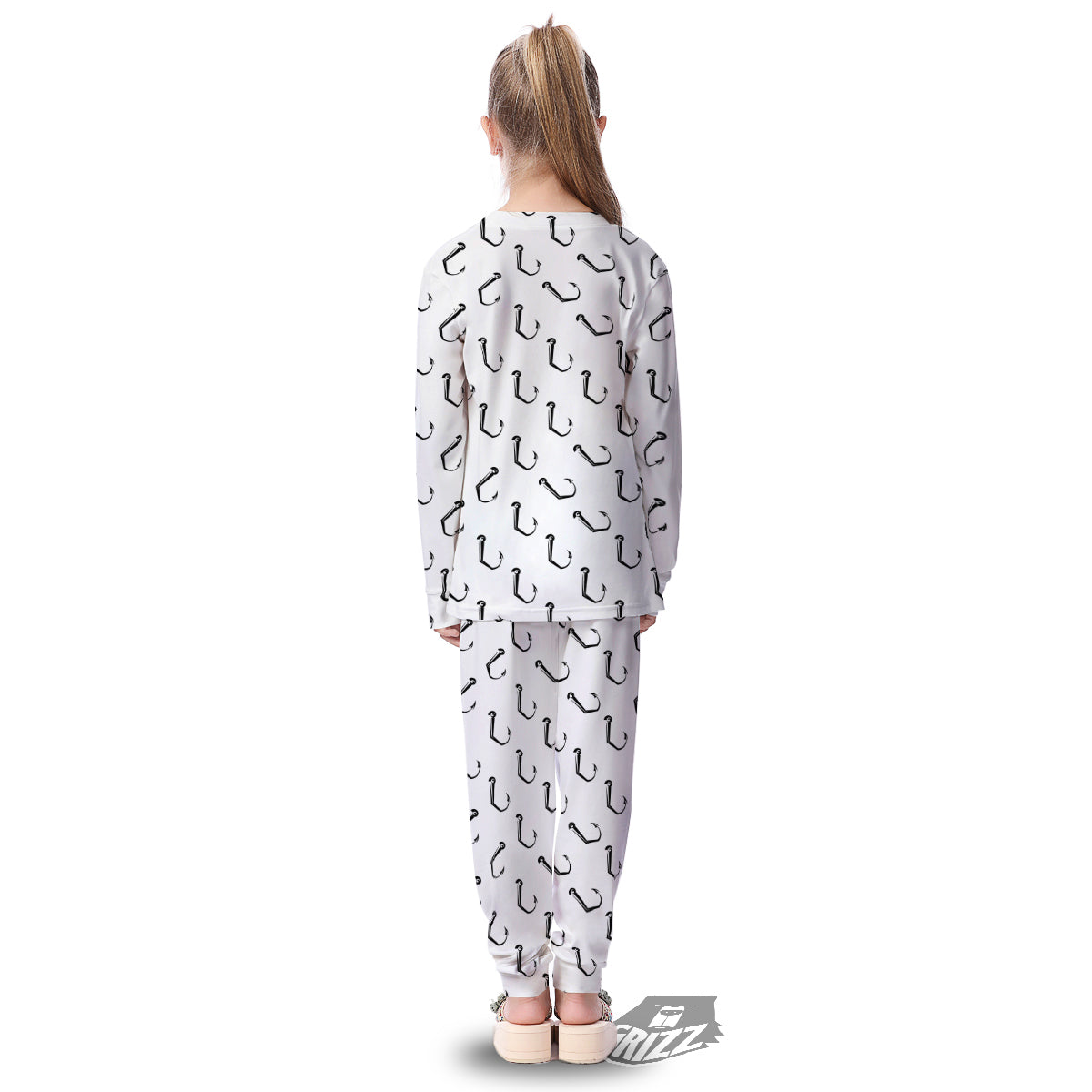 Fishing Hooks White And Black Print Pattern Kid's Pajamas-grizzshop