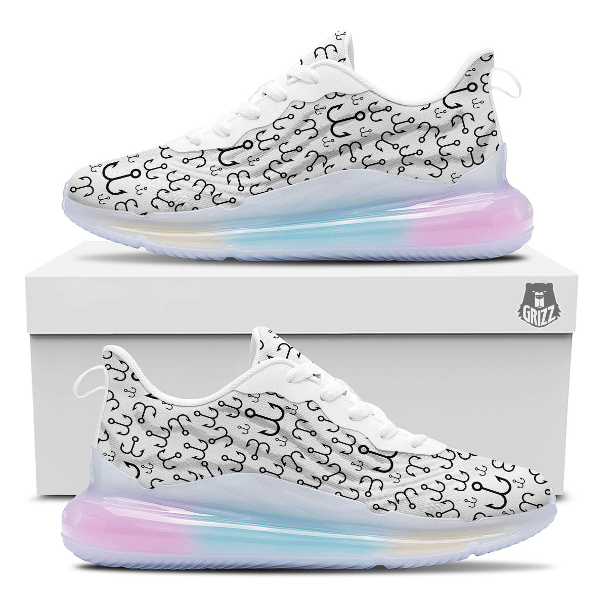 Fishing Hooks White And Black Print Running Sneakers-grizzshop