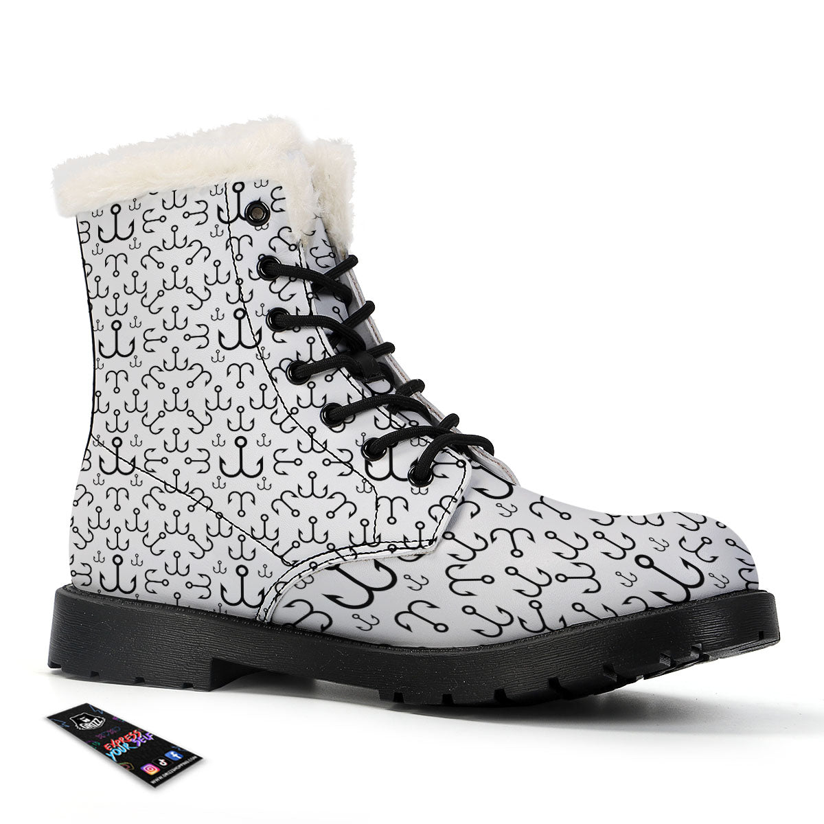 Fishing Hooks White And Black Print Winter Boots-grizzshop
