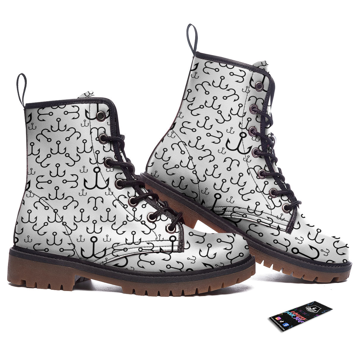 Fishing Hooks White And Black Print Work Boots-grizzshop