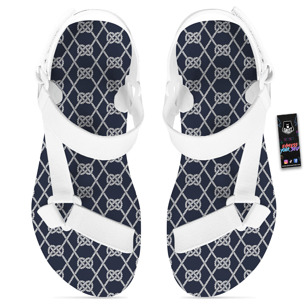 Fishing Knots Rope Print Pattern White Open Toe Sandals-grizzshop