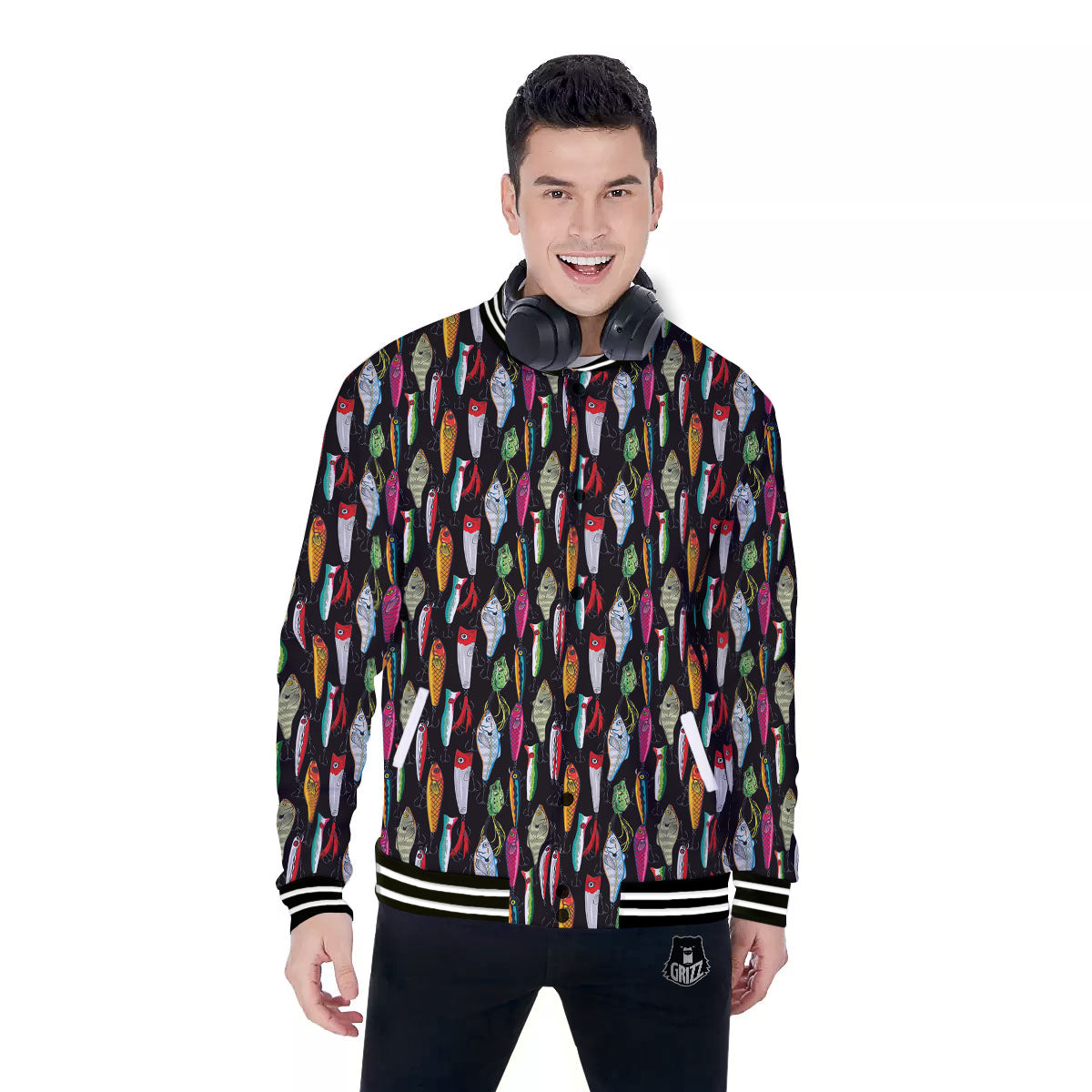 Fishing Print Pattern Baseball Jacket-grizzshop