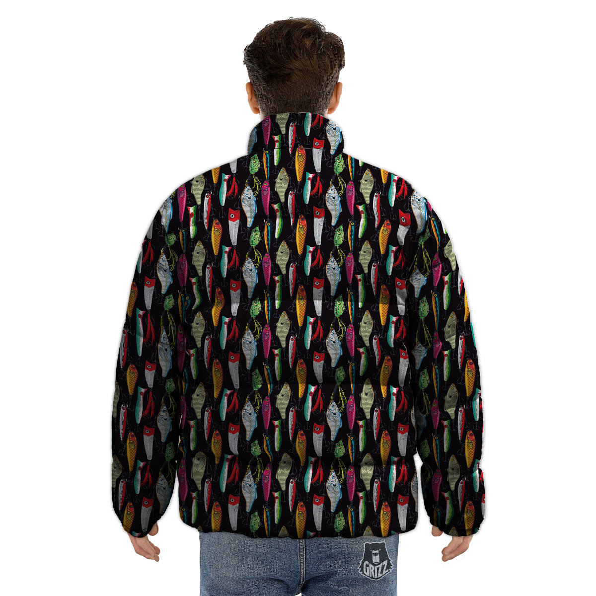 Fishing Print Pattern Puffer Jacket-grizzshop