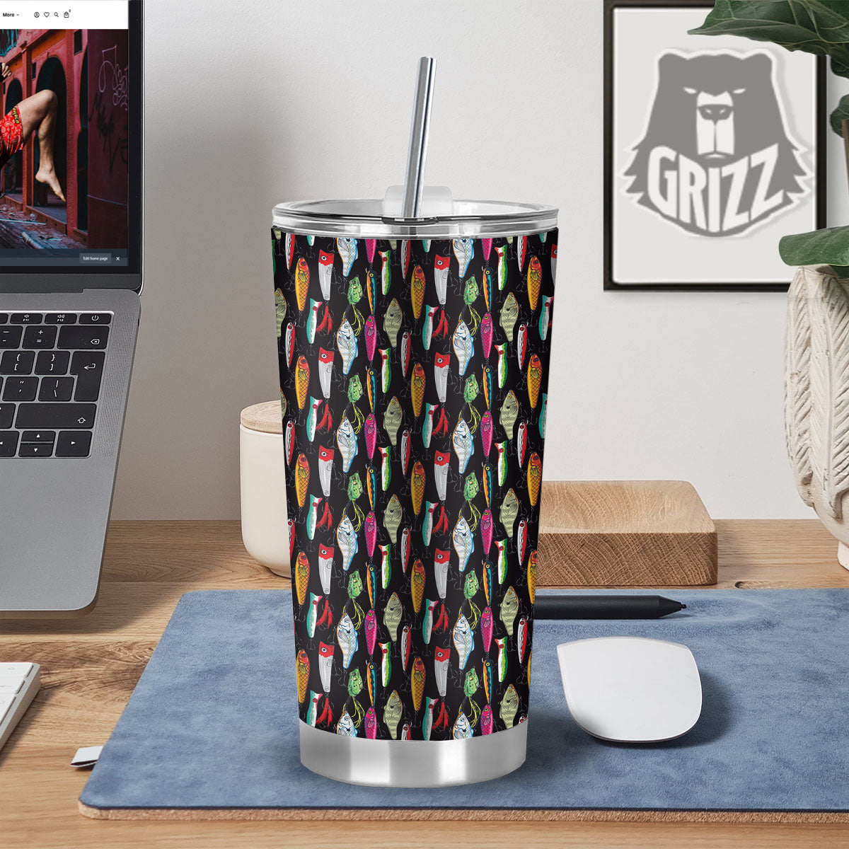 Fishing Print Pattern Tumbler-grizzshop