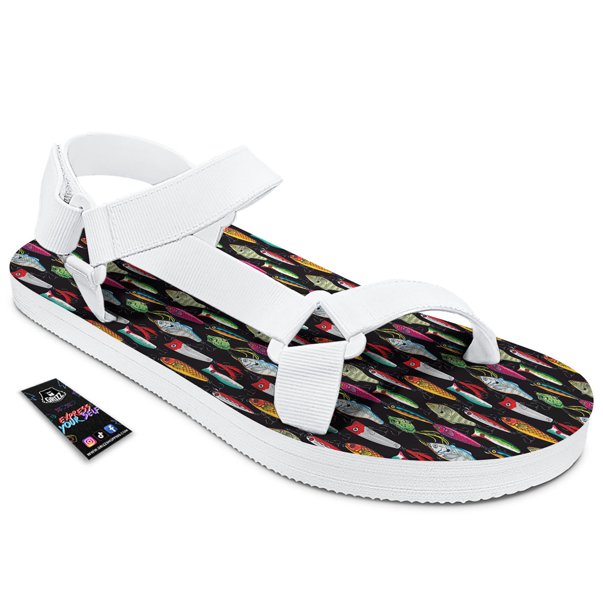 Fishing Print Pattern White Open Toe Sandals-grizzshop