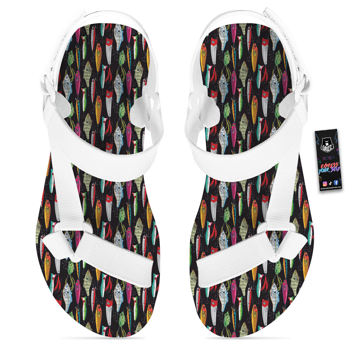 Fishing Print Pattern White Open Toe Sandals-grizzshop