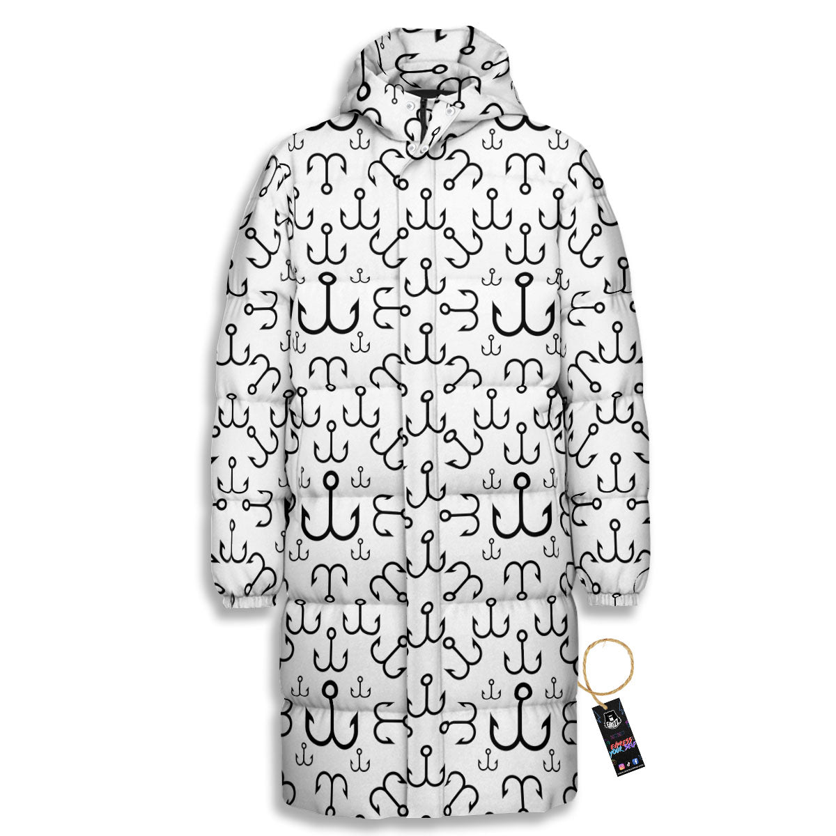Fishing Hooks White And Black Print Long Down Jacket