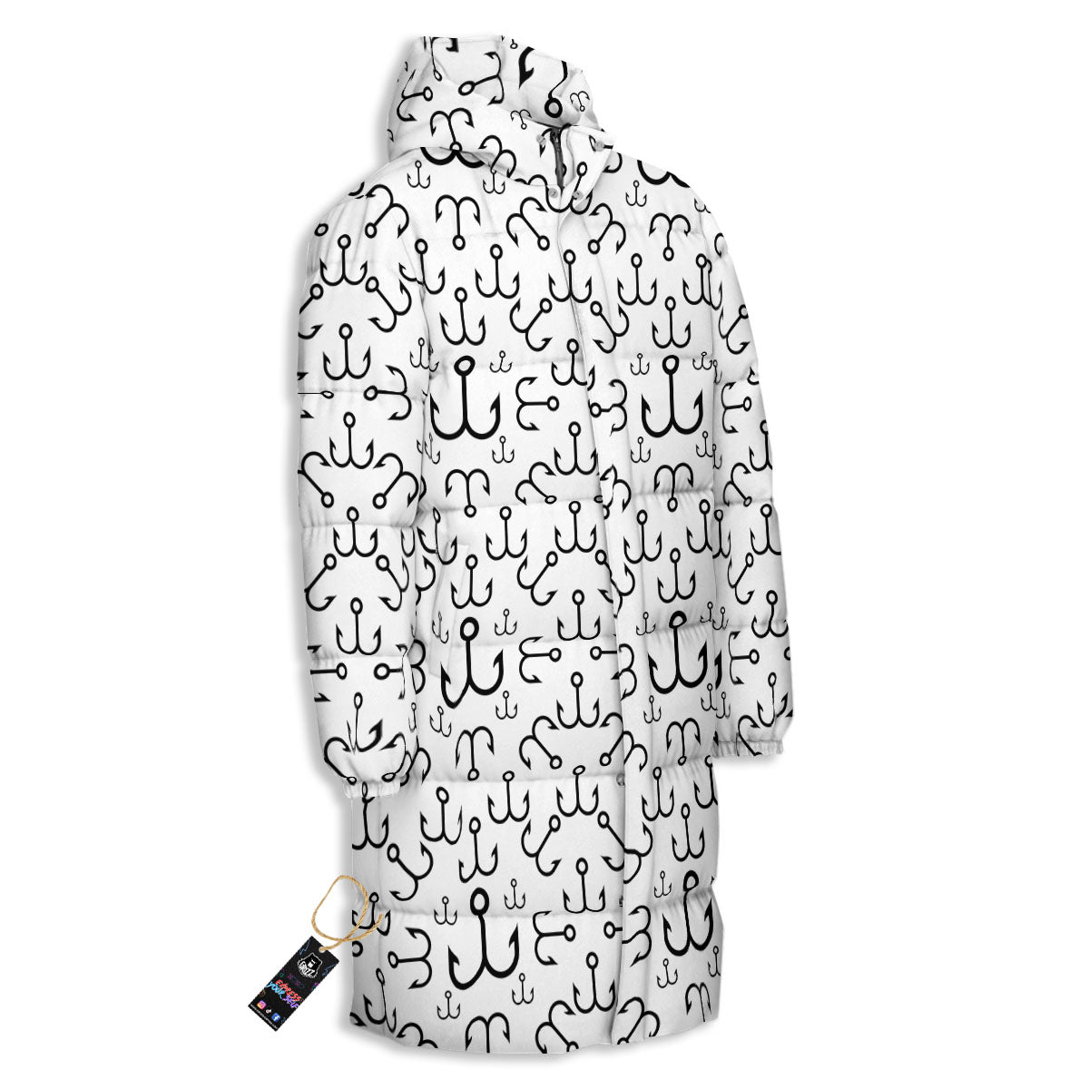 Fishing Hooks White And Black Print Long Down Jacket