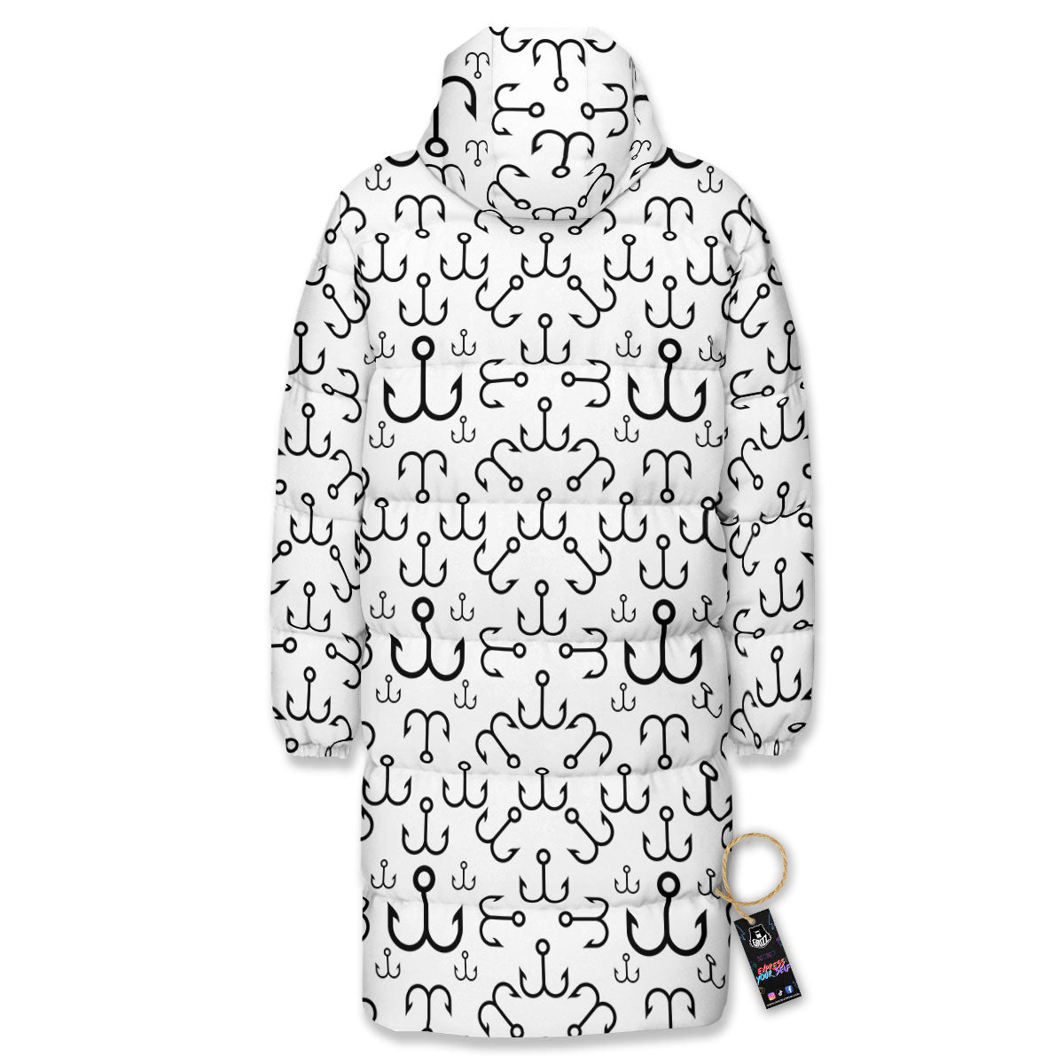 Fishing Hooks White And Black Print Long Down Jacket