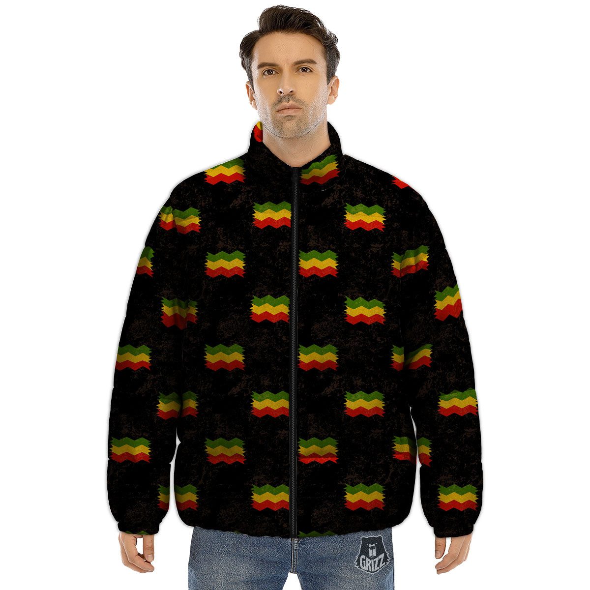 Flag Rasta Print Pattern Puffer Jacket-grizzshop