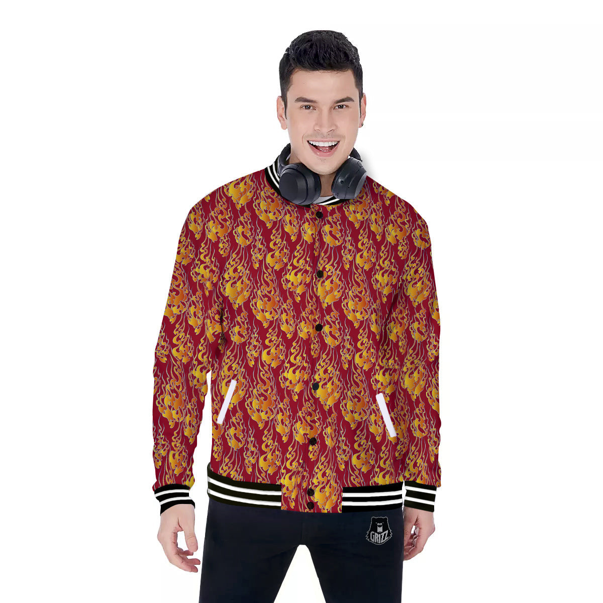 Flame Burning Japanese Art Print Pattern Baseball Jacket-grizzshop